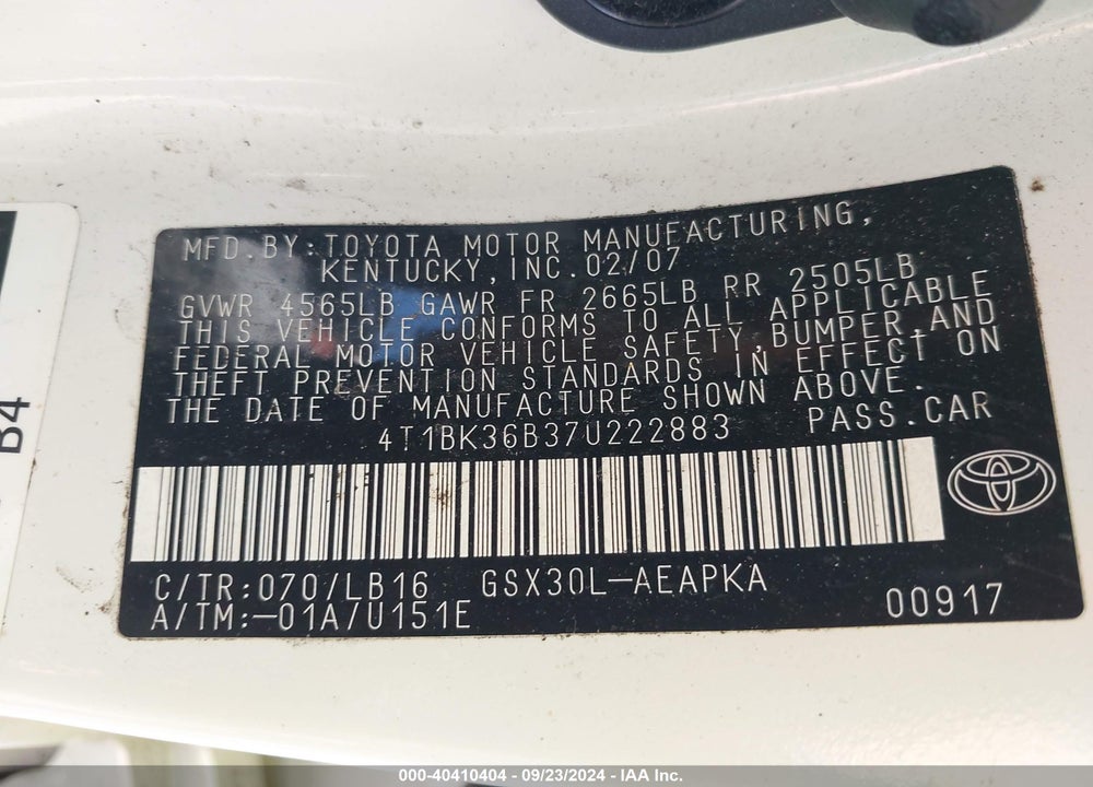 2007 TOYOTA AVALON LIMITED VIN: 4T1BK36B37U222883