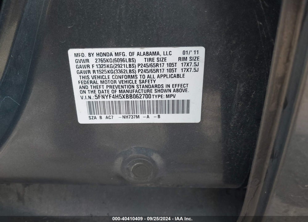 2011 HONDA PILOT EX-L VIN: 5FNYF4H5XBB062700