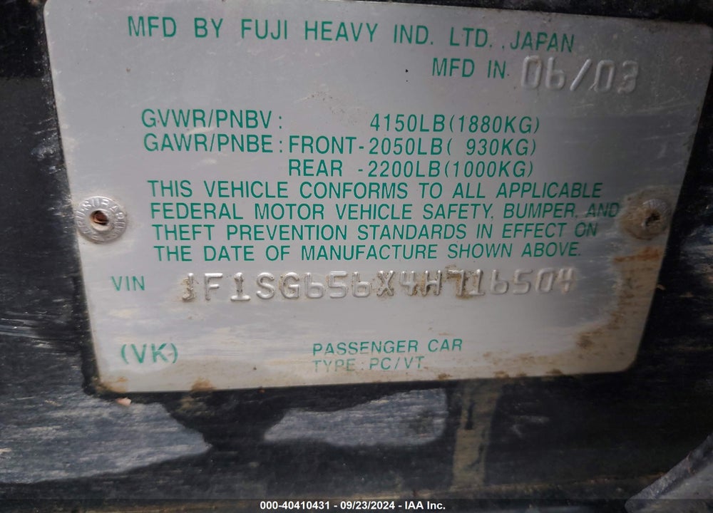 2004 SUBARU FORESTER 2.5XS VIN: JF1SG656X4H716504