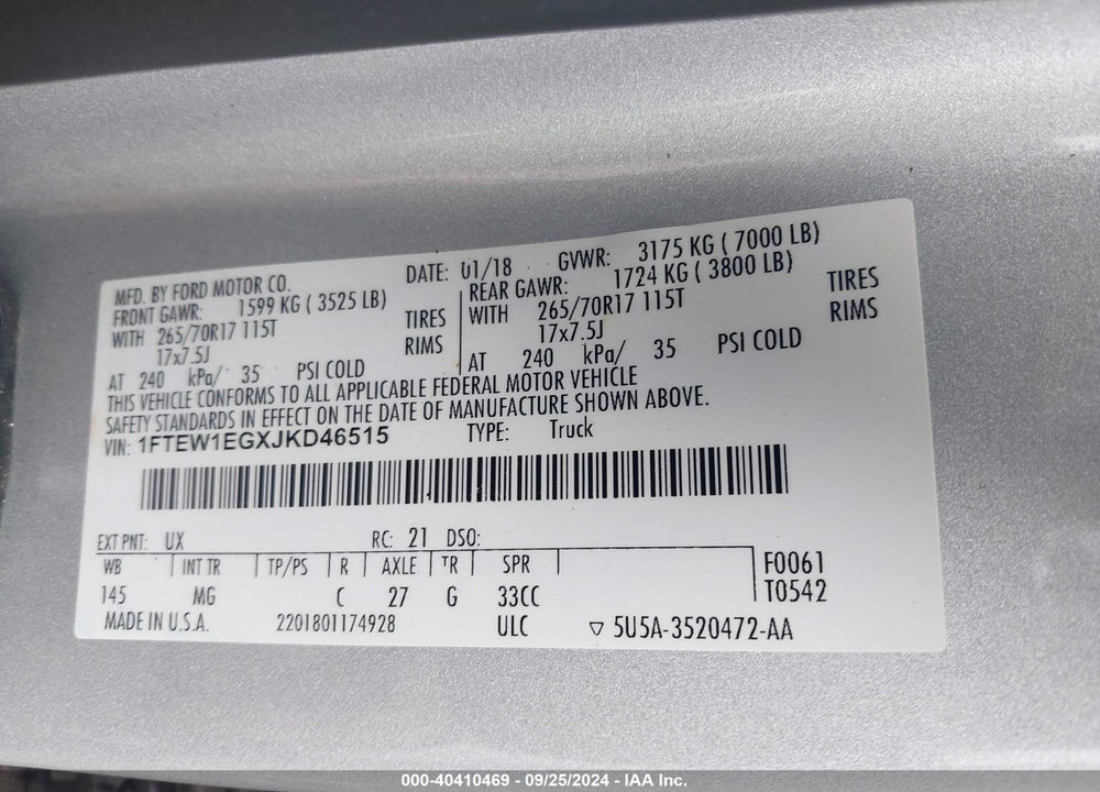 2018 FORD F150 VIN: 1FTEW1EGXJKD46515