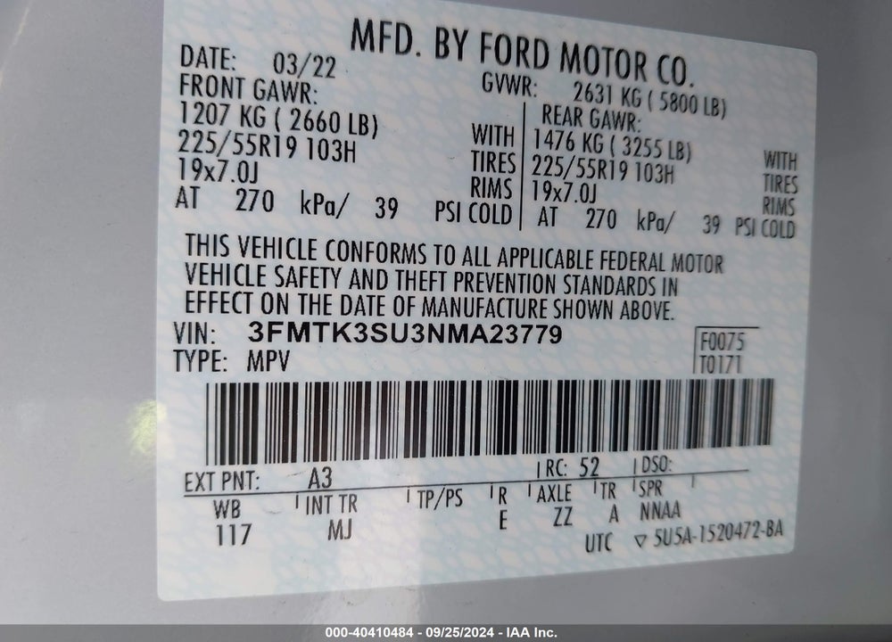 2022 FORD MUSTANG MACH-E PREMIUM VIN: 3FMTK3SU3NMA23779