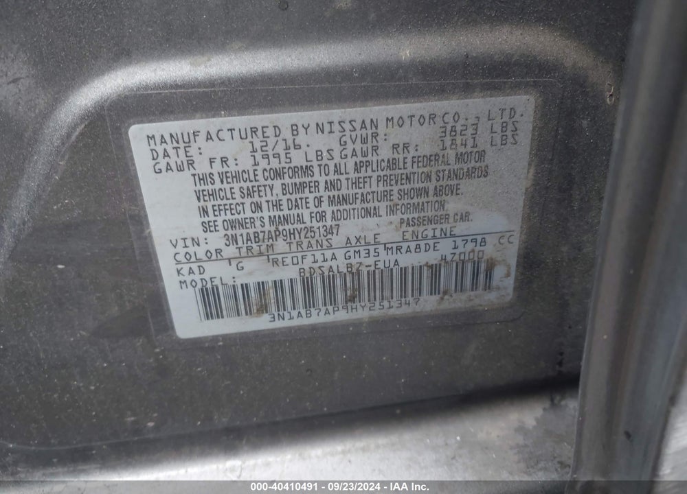 2017 NISSAN SENTRA S VIN: 3N1AB7AP9HY251347