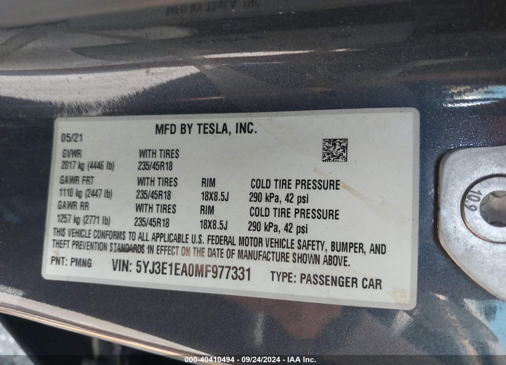 2021 TESLA MODEL 3 STANDARD RANGE PLUS REAR-WHEEL DRIVE VIN: 5YJ3E1EA0MF977331