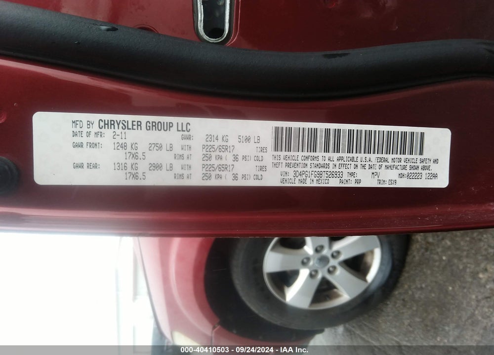 2011 DODGE JOURNEY MAINSTREET VIN: 3D4PG1FG9BT526933