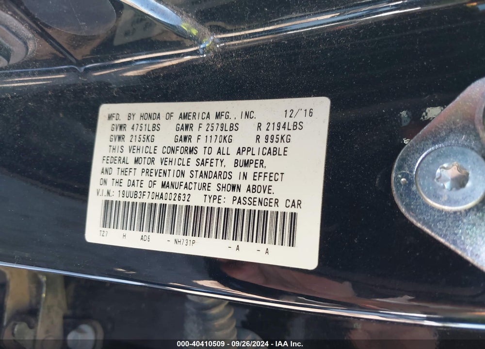 2017 ACURA TLX ADVANCE PACKAGE VIN: 19UUB3F70HA002632