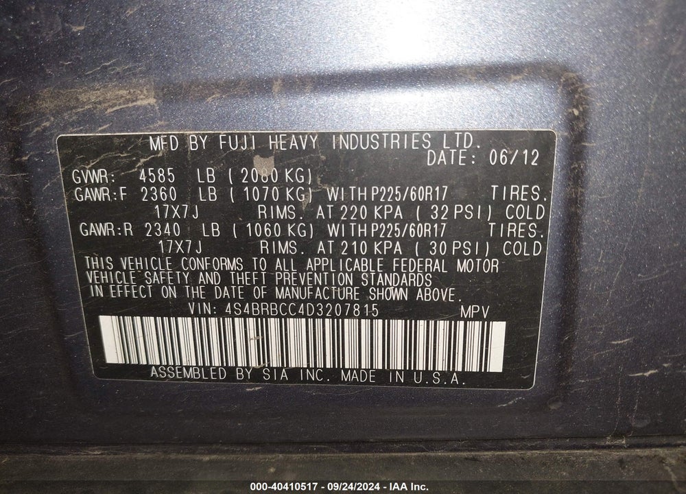 2013 SUBARU OUTBACK 2.5I PREMIUM VIN: 4S4BRBCC4D3207815