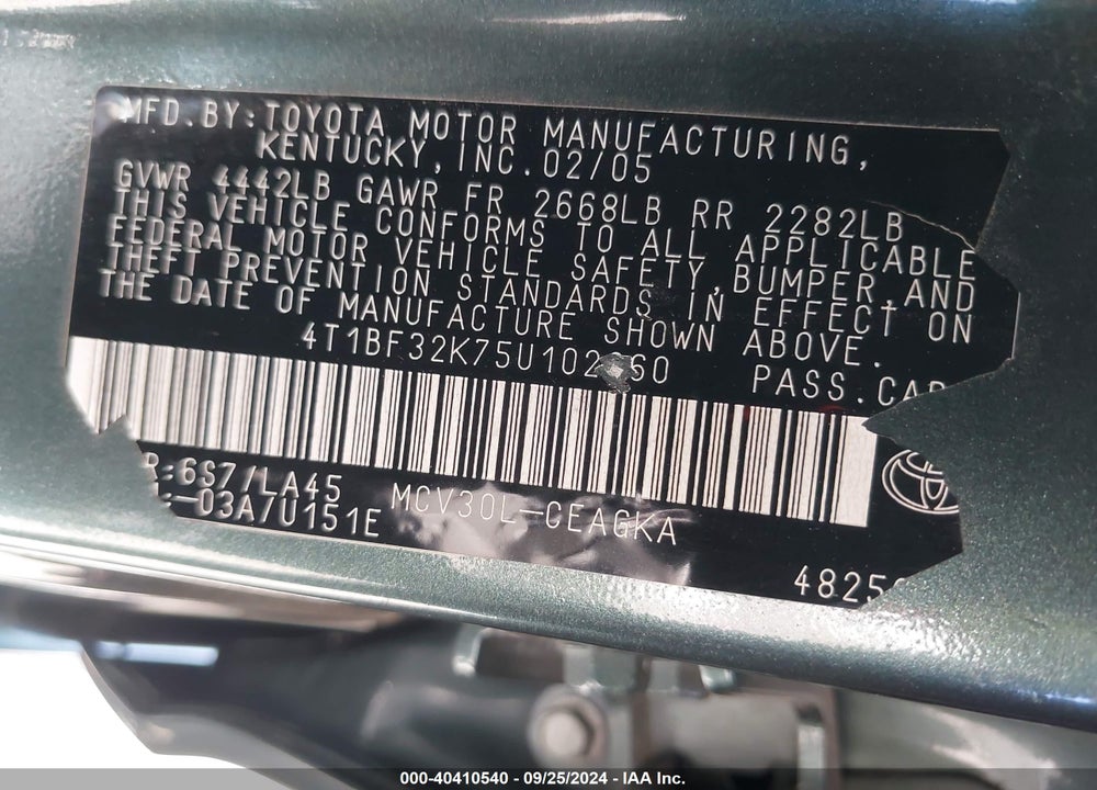 2005 TOYOTA CAMRY XLE V6 VIN: 4T1BF32K75U102060