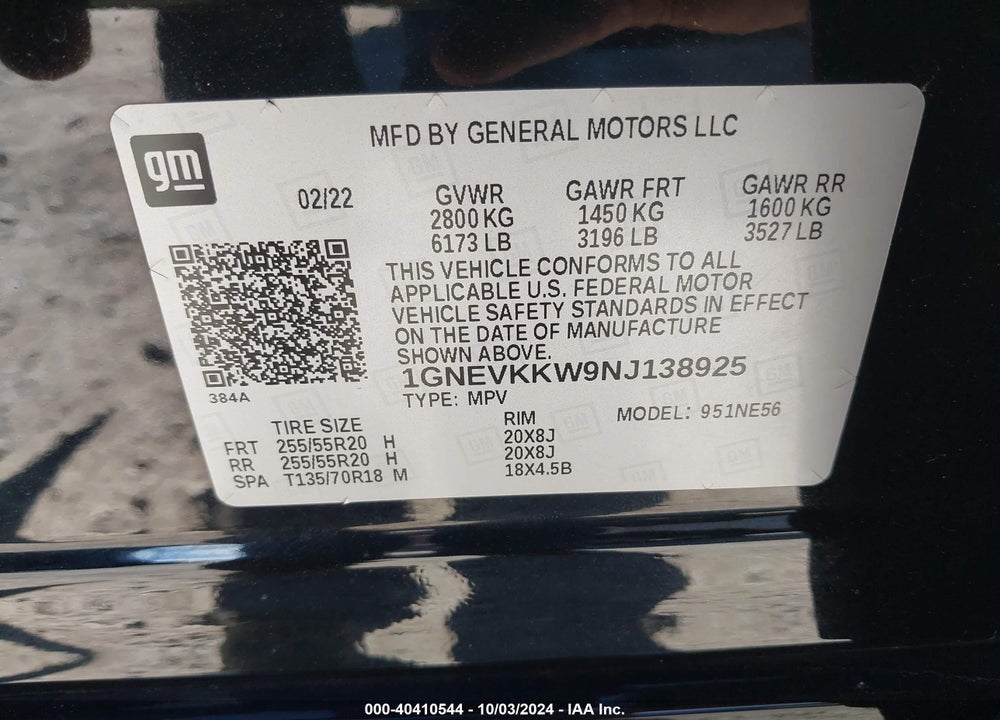 2022 CHEVROLET TRAVERSE AWD PREMIER VIN: 1GNEVKKW9NJ138925