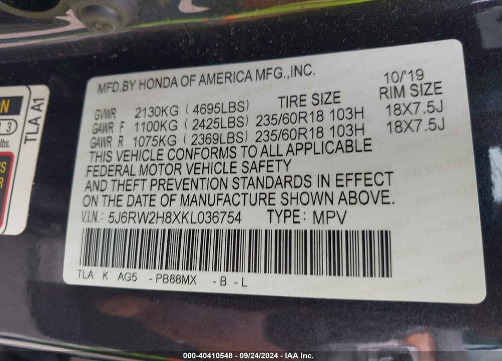 2019 HONDA CR-V EX-L VIN: 5J6RW2H8XKL036754