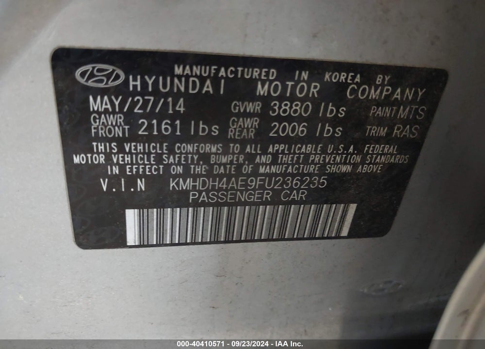 2015 HYUNDAI ELANTRA VIN: KMHDH4AE9FU236235