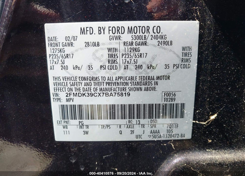 2007 FORD EDGE SEL PLUS VIN: 2FMDK39CX7BA75819