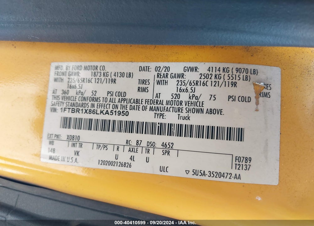 2020 FORD TRANSIT-250 VIN: 1FTBR1X86LKA51950