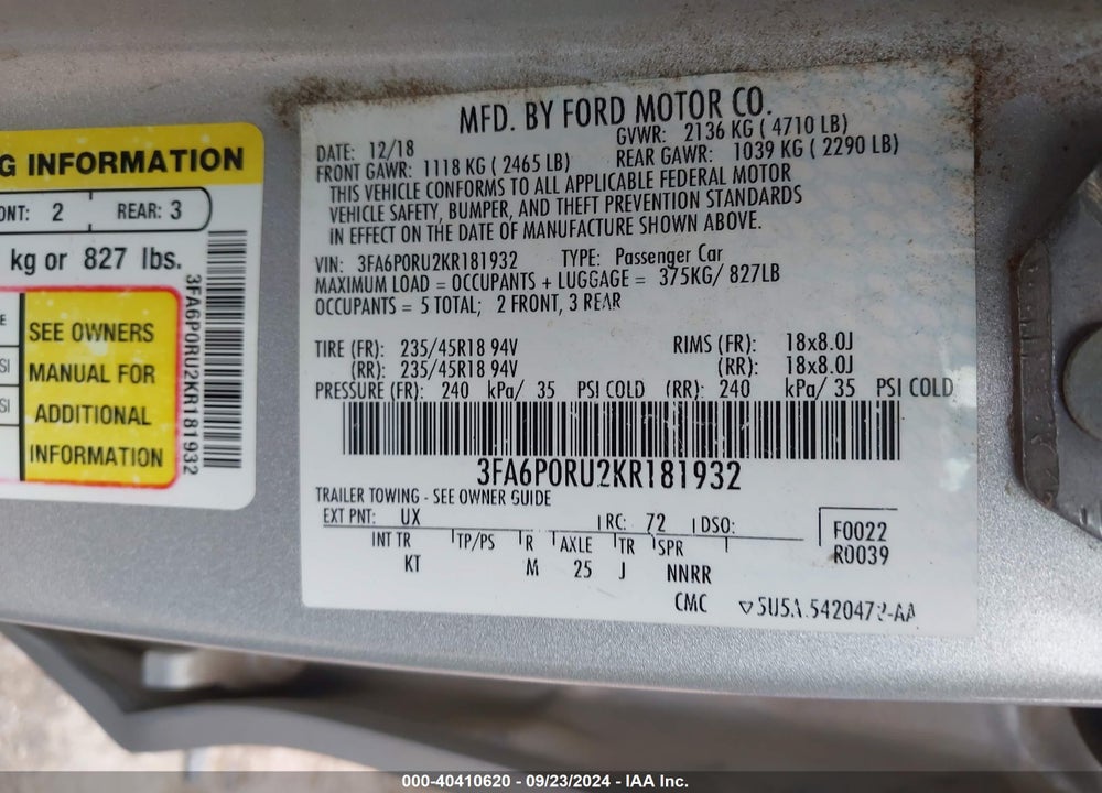2019 FORD FUSION HYBRID TITANIUM VIN: 3FA6P0RU2KR181932