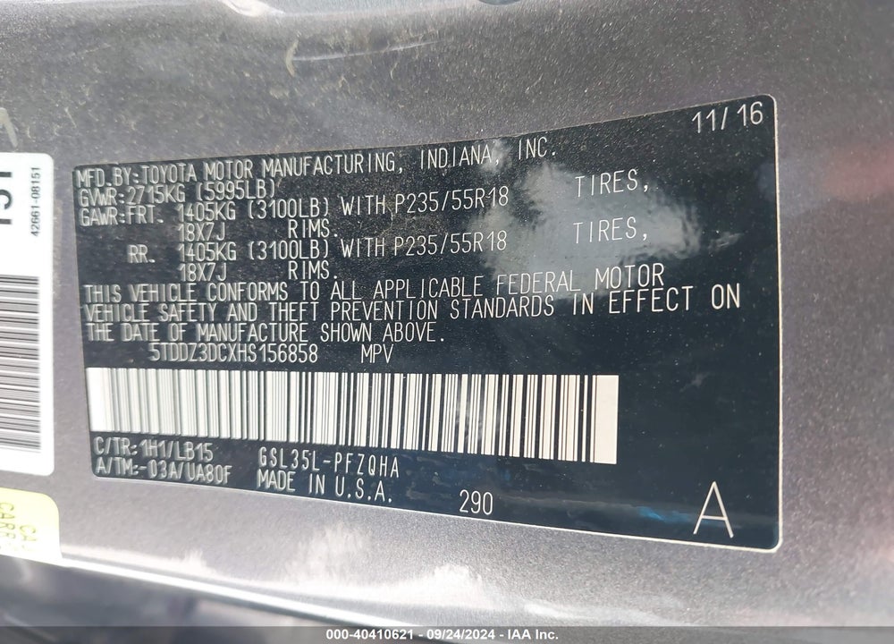2017 TOYOTA SIENNA LIMITED PREMIUM 7 PASSENGER VIN: 5TDDZ3DCXHS156858