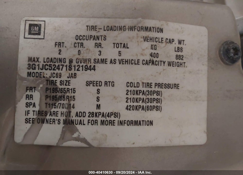 2001 CHEVROLET CAVALIER VIN: 3G1JC52471S121944