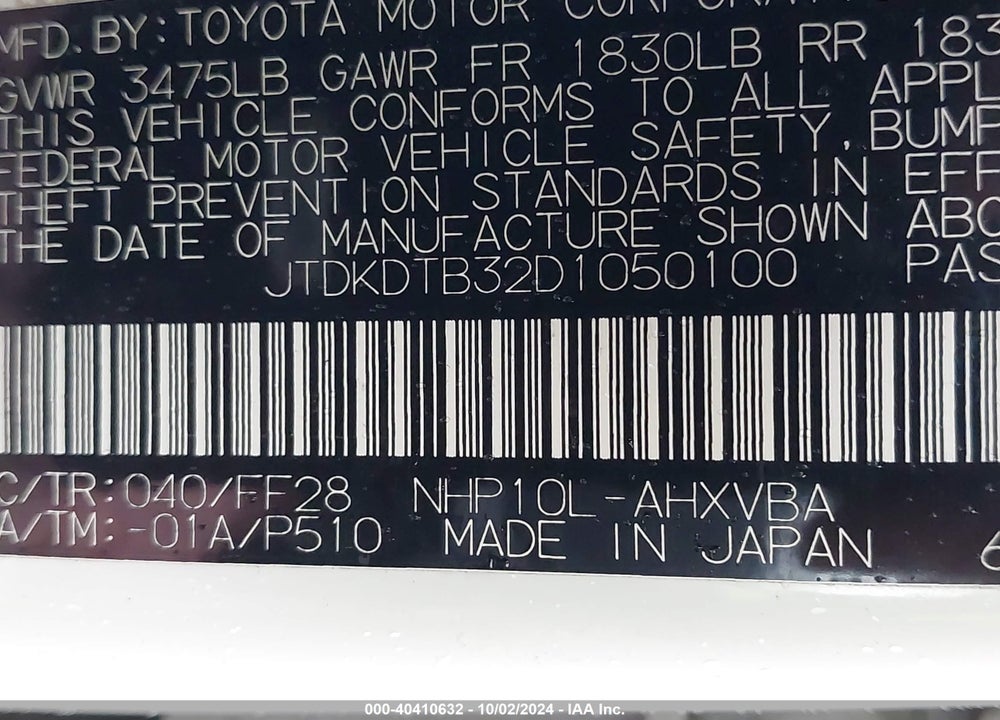 2013 TOYOTA PRIUS C TWO VIN: JTDKDTB32D1050100
