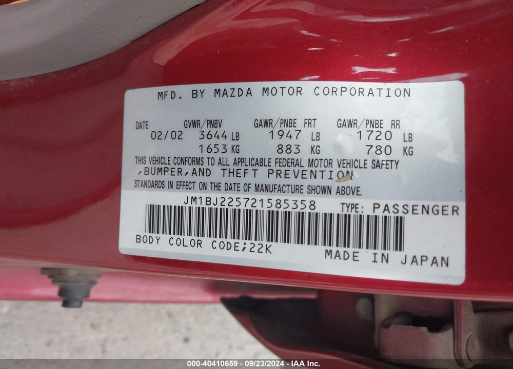 2002 MAZDA PROTEGE DX/ES/LX VIN: JM1BJ225721585358