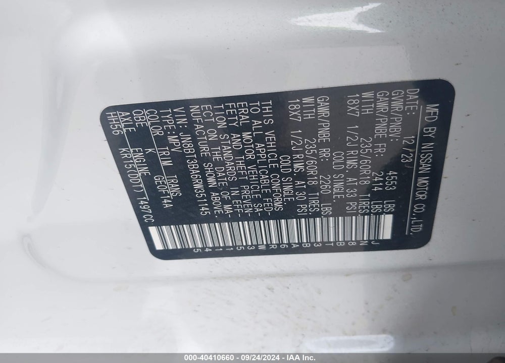 2024 NISSAN ROGUE SV FWD VIN: JN8BT3BA6RW351145