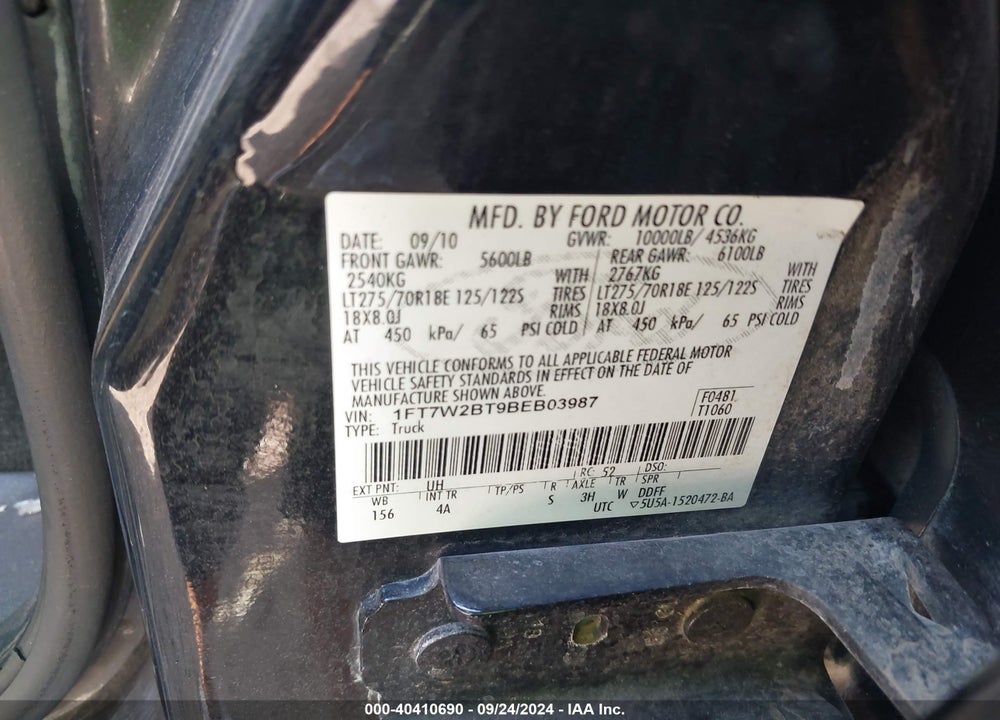 2011 FORD F-250 LARIAT VIN: 1FT7W2BT9BEB03987