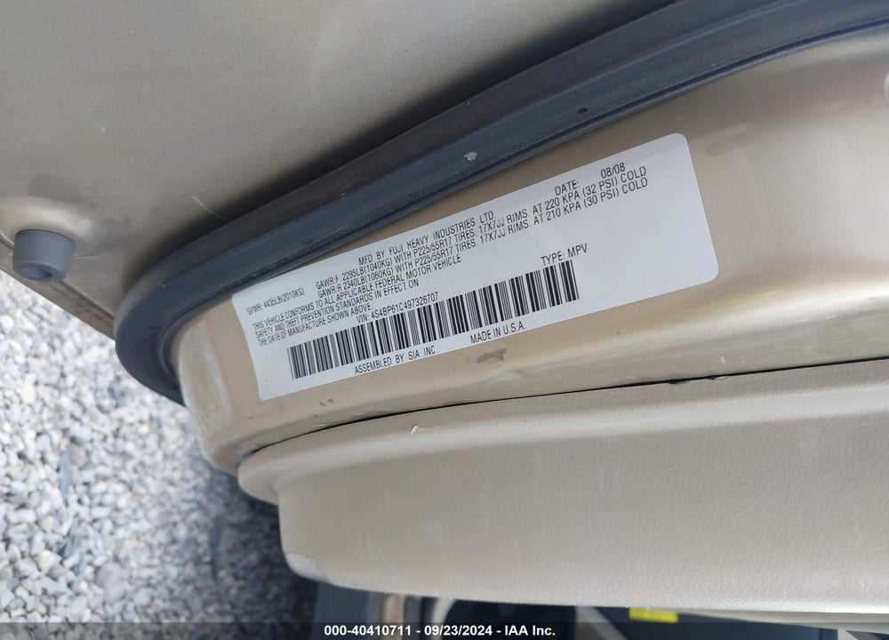 2009 SUBARU OUTBACK 2.5I VIN: 4S4BP61C497326707