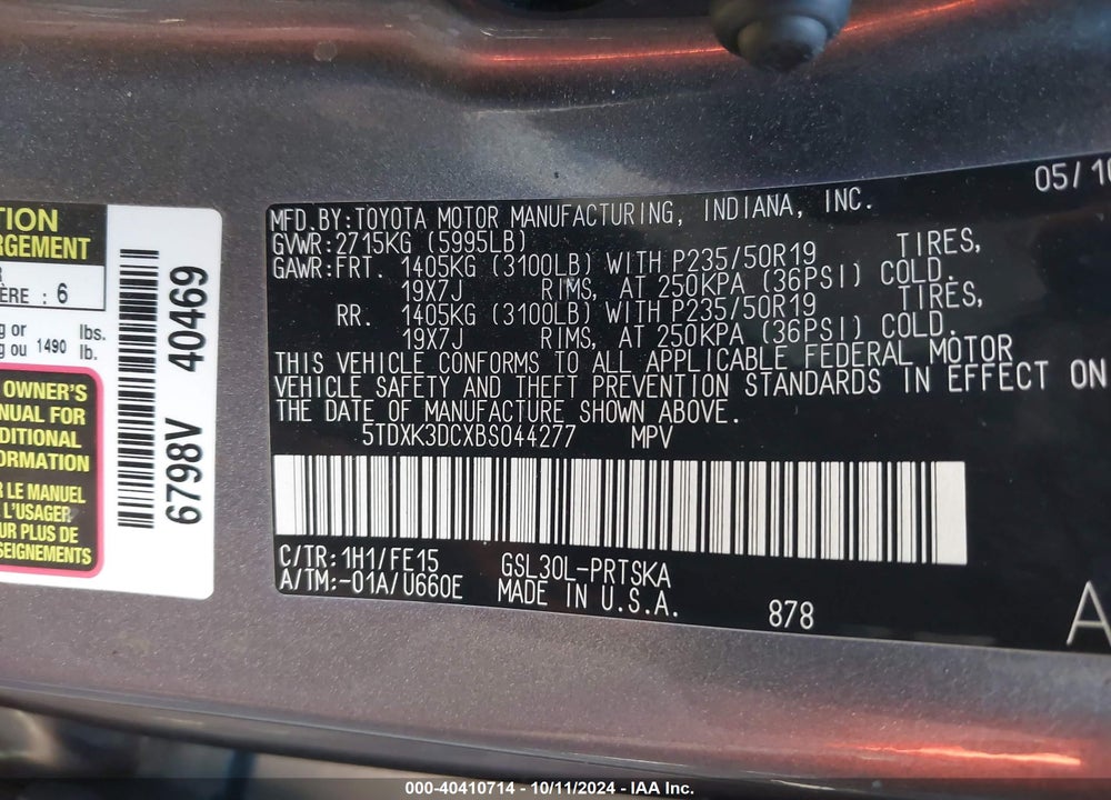 2011 TOYOTA SIENNA SE VIN: 5TDXK3DCXBS044277