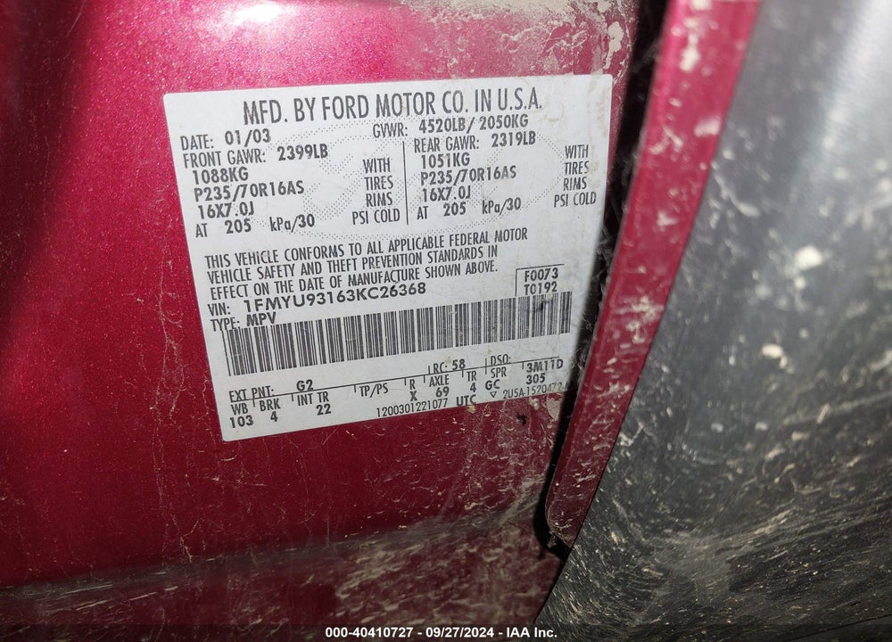 2003 FORD ESCAPE XLT VIN: 1FMYU93163KC26368