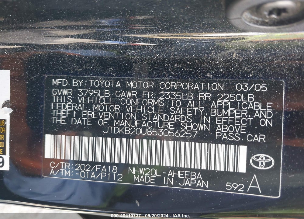 2005 TOYOTA PRIUS VIN: JTDKB20U853056257