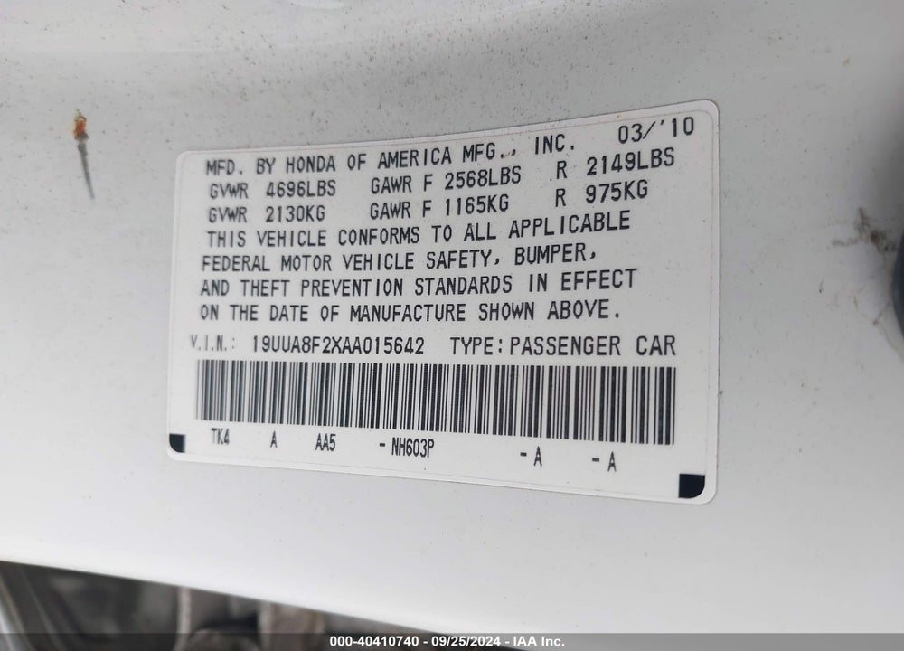 2010 ACURA TL 3.5 VIN: 19UUA8F2XAA015642
