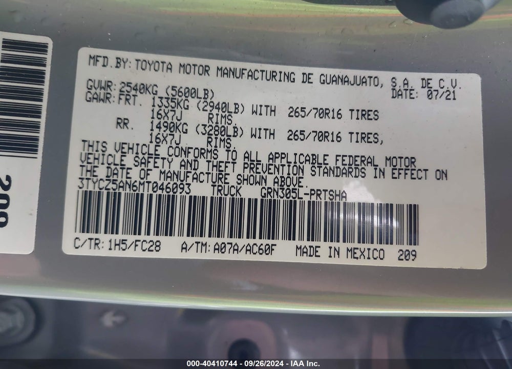 2021 TOYOTA TACOMA SR5 V6 VIN: 3TYCZ5AN6MT046093