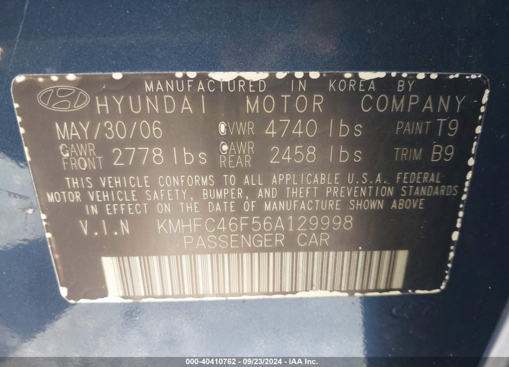 2006 HYUNDAI AZERA LIMITED/SE VIN: KMHFC46F56A129998