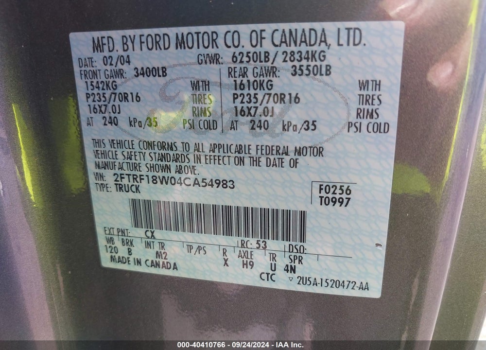 2004 FORD F-150 HERITAGE XL/XLT VIN: 2FTRF18W04CA54983