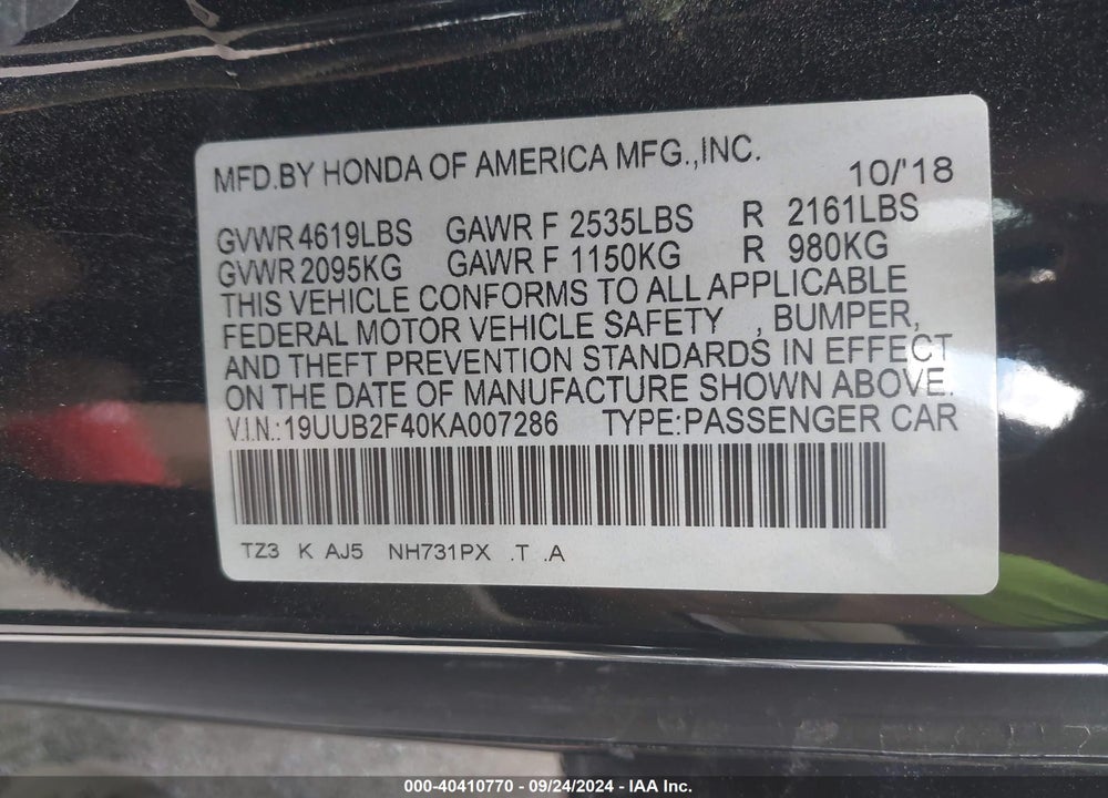 2019 ACURA TLX TECH PKG VIN: 19UUB2F40KA007286