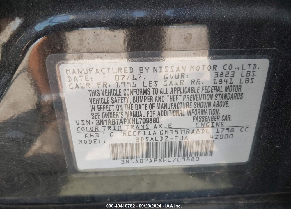 2017 NISSAN SENTRA SV VIN: 3N1AB7APXHL709880