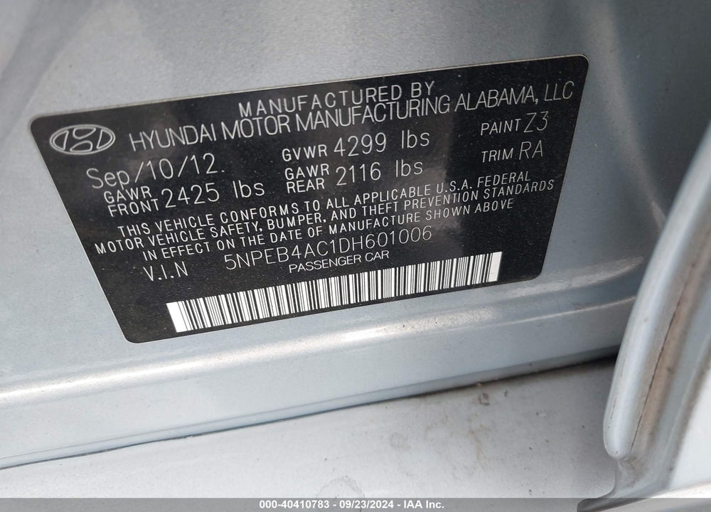 2013 HYUNDAI SONATA GLS VIN: 5NPEB4AC1DH601006
