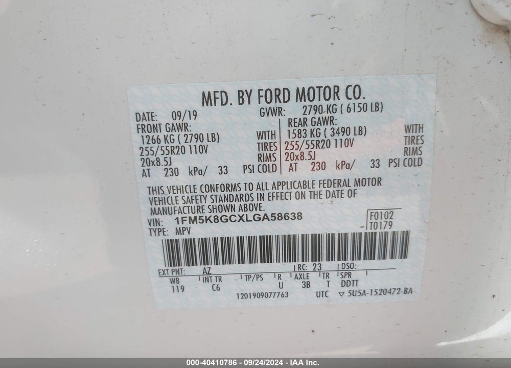 2020 FORD EXPLORER ST VIN: 1FM5K8GCXLGA58638