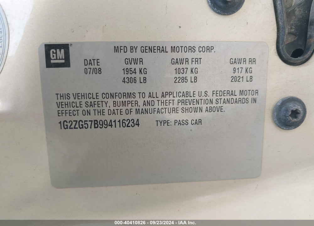2009 PONTIAC G6 VIN: 1G2ZG57B994116234