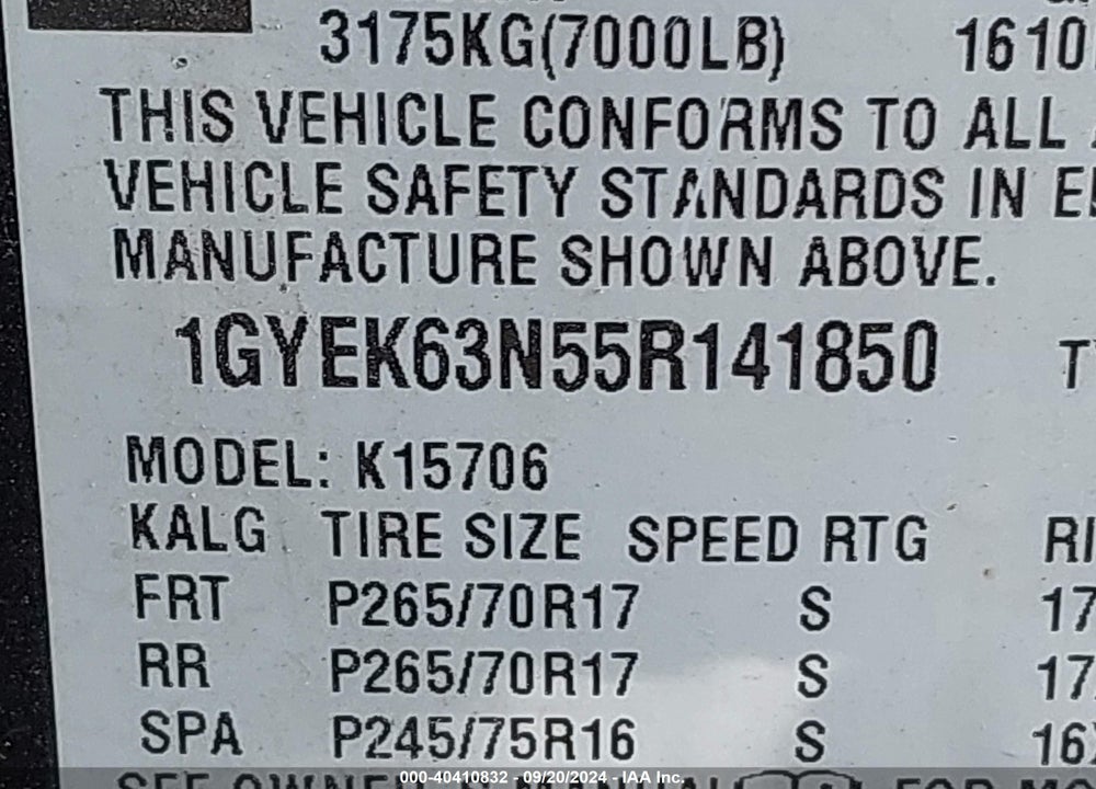 2005 CADILLAC ESCALADE STANDARD VIN: 1GYEK63N55R141850