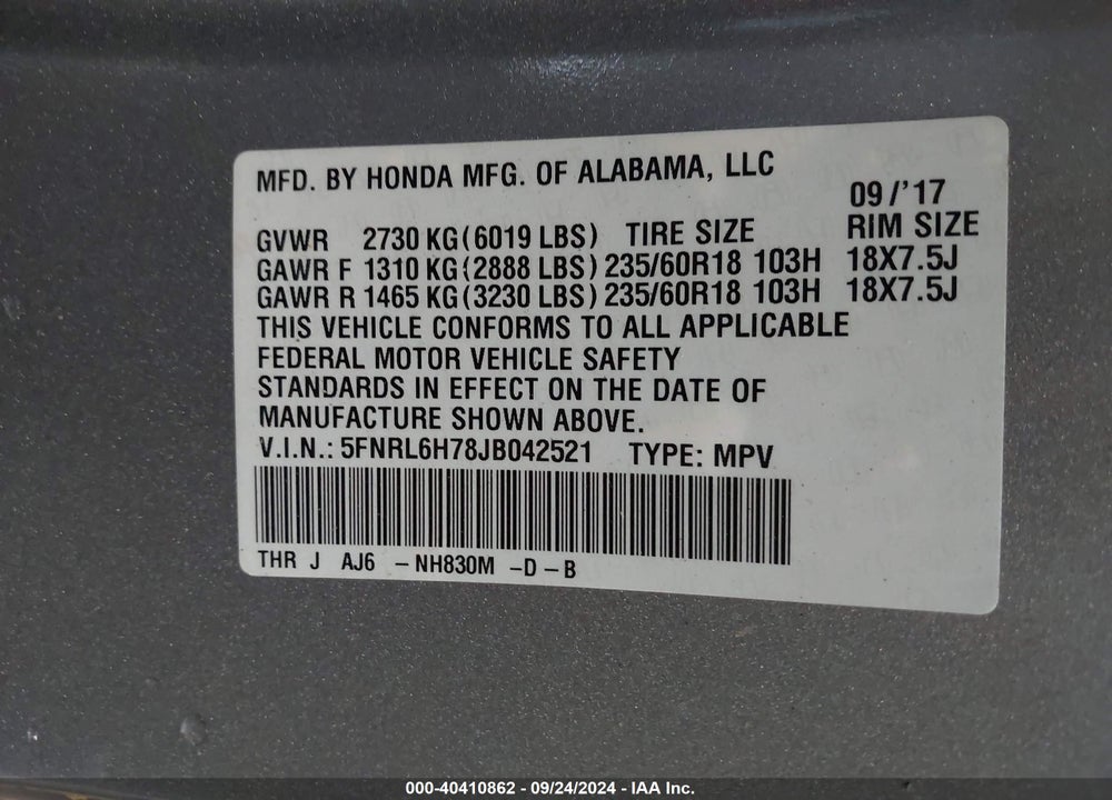 2018 HONDA ODYSSEY EX-L VIN: 5FNRL6H78JB042521
