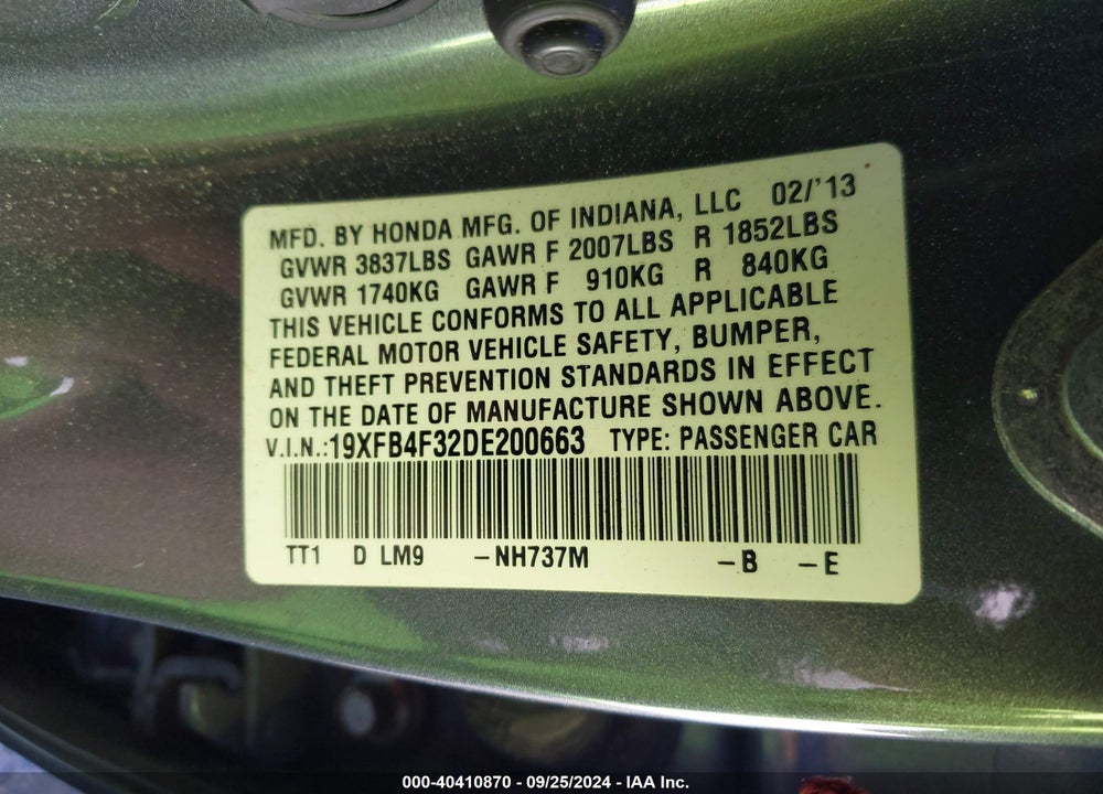 2013 HONDA CIVIC HYBRID VIN: 19XFB4F32DE200663