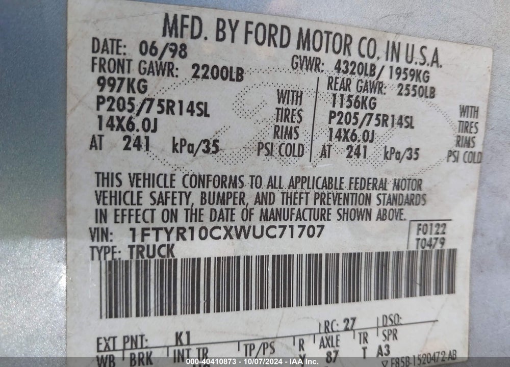 1998 FORD RANGER SPLASH/XL/XLT VIN: 1FTYR10CXWUC71707