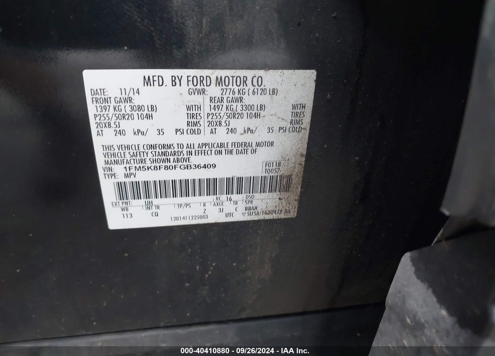 2015 FORD EXPLORER LIMITED VIN: 1FM5K8F80FGB36409