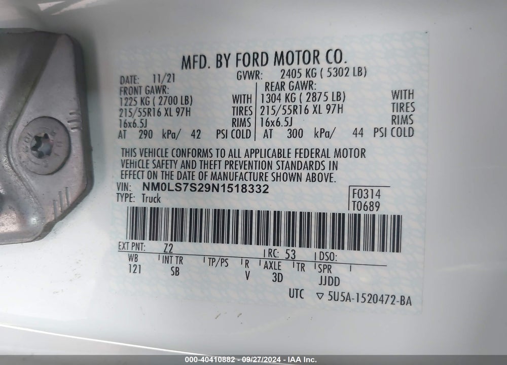 2022 FORD TRANSIT CONNECT XL VIN: NM0LS7S29N1518332