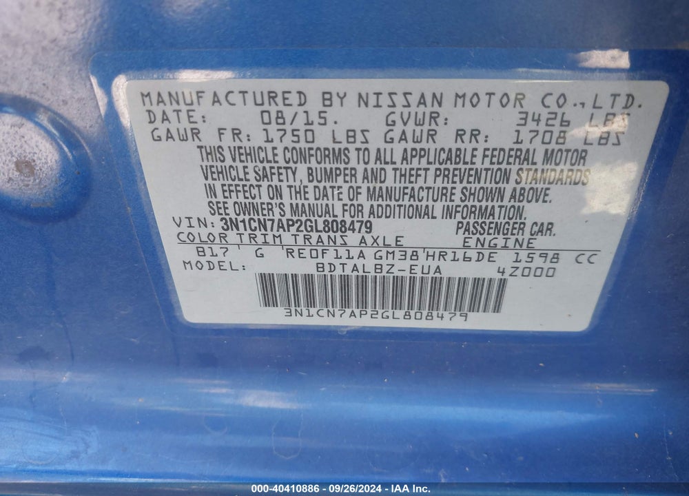 2016 NISSAN VERSA 1.6 S/1.6 S+/1.6 SL/1.6 SV VIN: 3N1CN7AP2GL808479