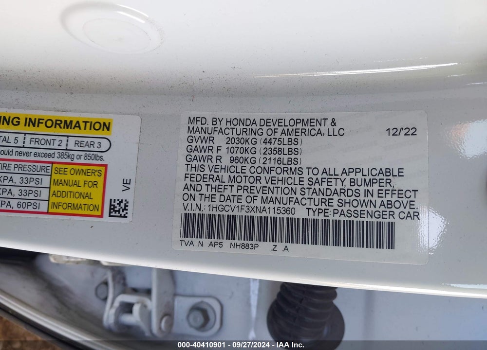 2022 HONDA ACCORD SPORT VIN: 1HGCV1F3XNA115360