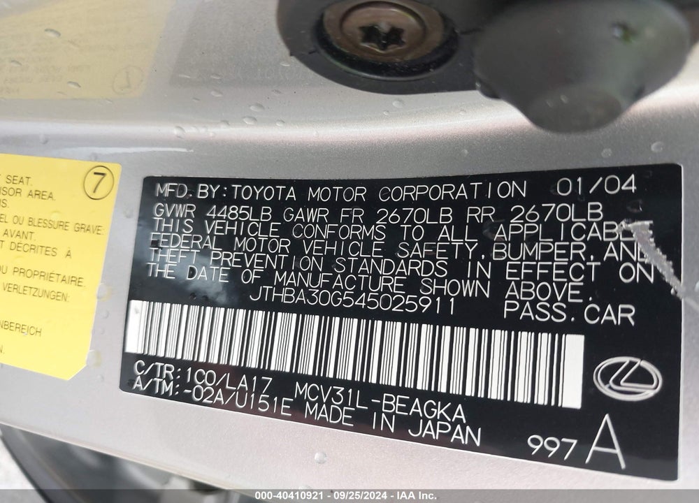 2004 LEXUS ES 330 VIN: JTHBA30G545025911