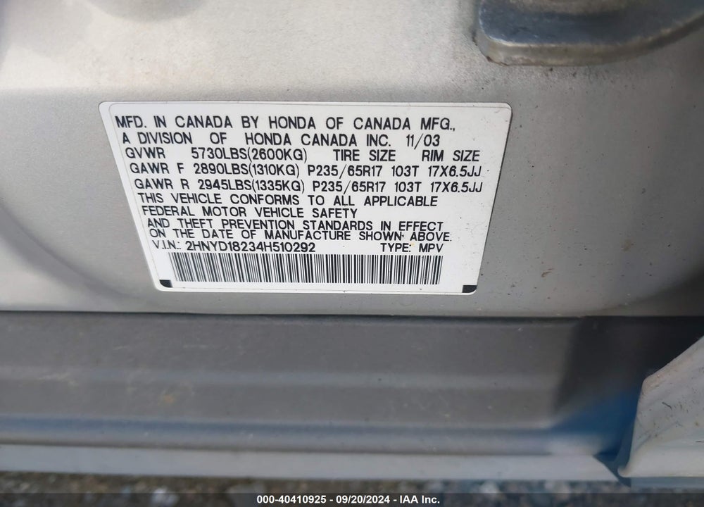 2004 ACURA MDX VIN: 2HNYD18234H510292