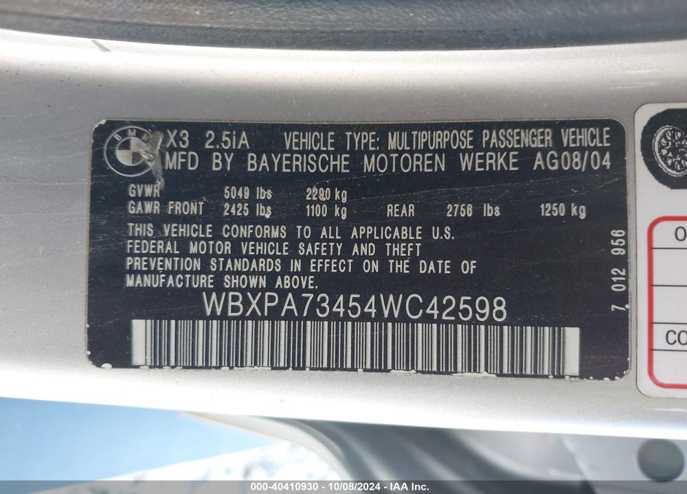 2004 BMW X3 2.5I VIN: WBXPA73454WC42598