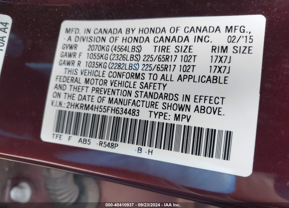 2015 HONDA CR-V EX VIN: 2HKRM4H55FH634483