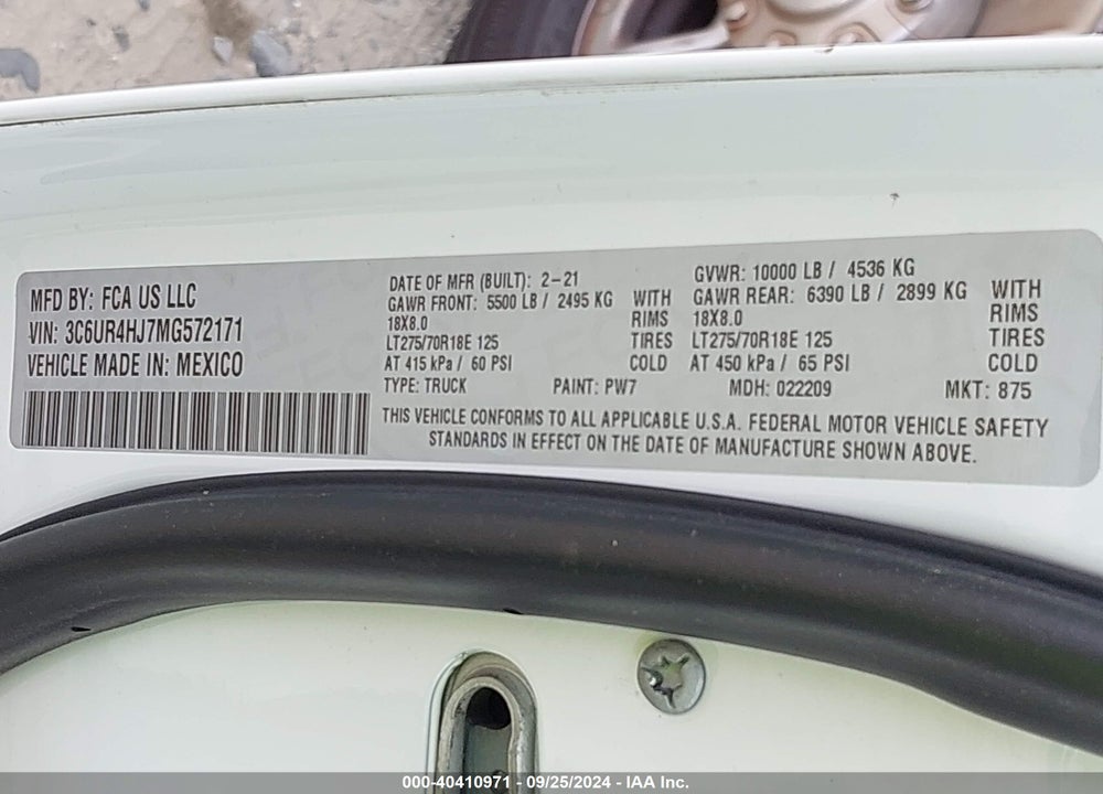 2021 RAM 2500 TRADESMAN 4X2 8' BOX VIN: 3C6UR4HJ7MG572171