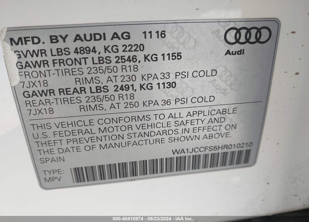 2017 AUDI Q3 2.0T PREMIUM VIN: WA1JCCFS5HR010210